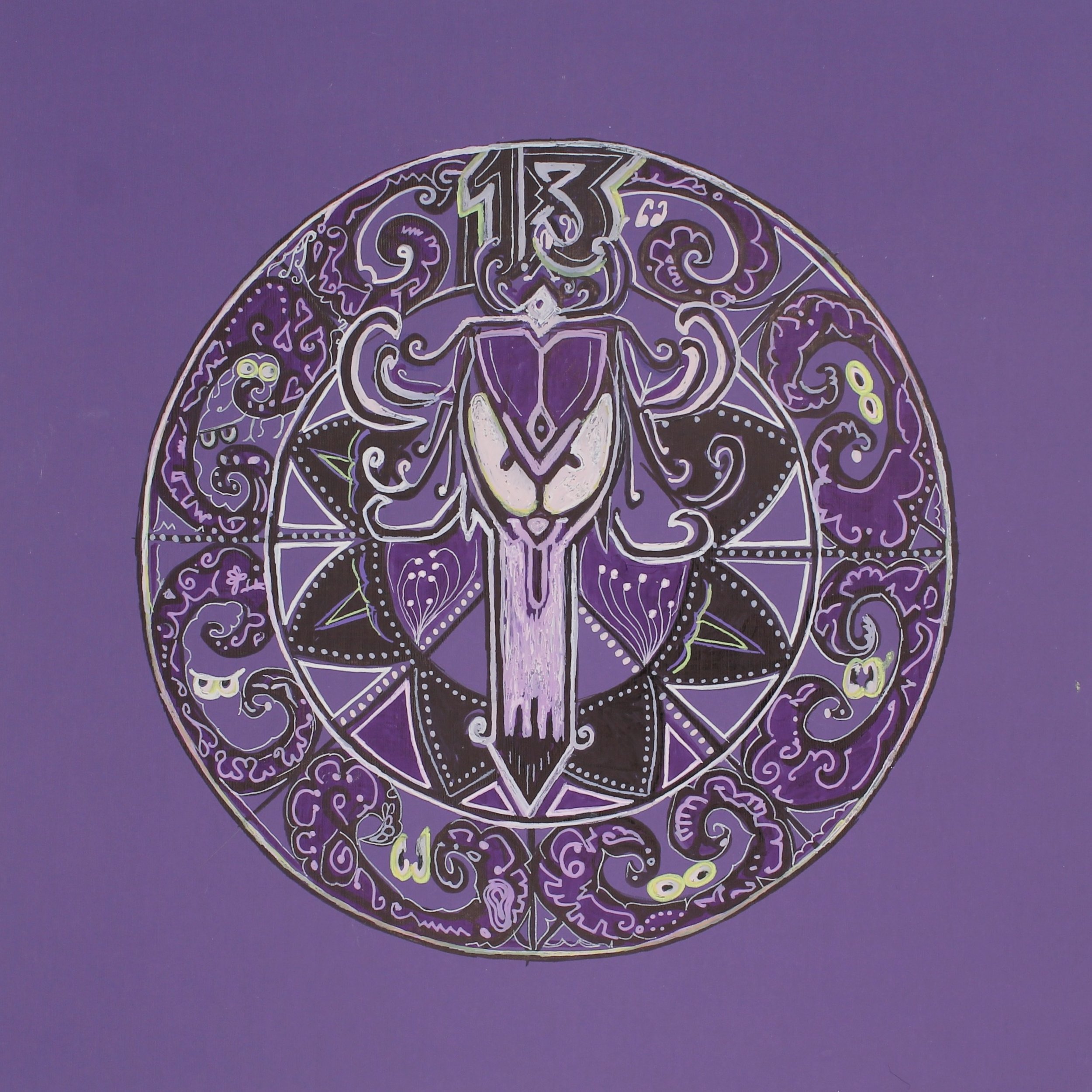 A purple circular design featuring a stylized animal face, possibly a fox or wolf, surrounded by intricate patterns and symbols on a purple background.