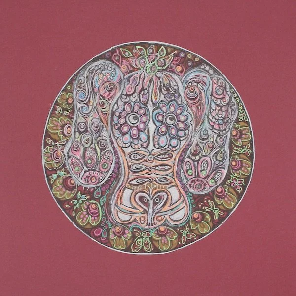 Colorful, abstract illustration of a dog's face within a circular border, decorated with floral and swirl patterns on a pink background.