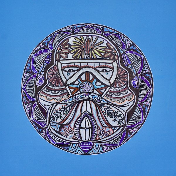 colorful storm trooper mandala on bright blue background