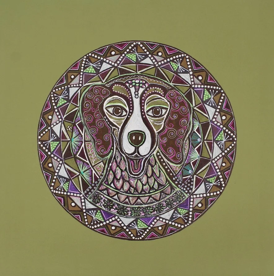 Digitally illustrated dog face with long ears surrounded by intricate geometric patterns and vibrant colors on a green background.