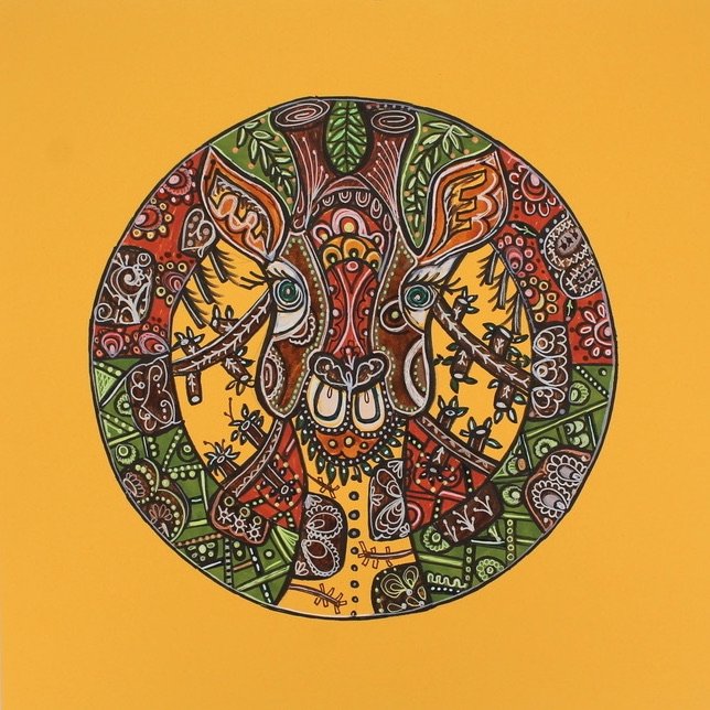 jungle themed giraffe among trees on yellow background
