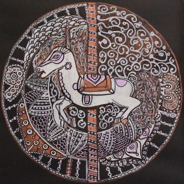 A decorative circular artwork featuring a stylized white horse with purple and brown details, surrounded by intricate patterns and swirls in brown, white, and purple on a black background.