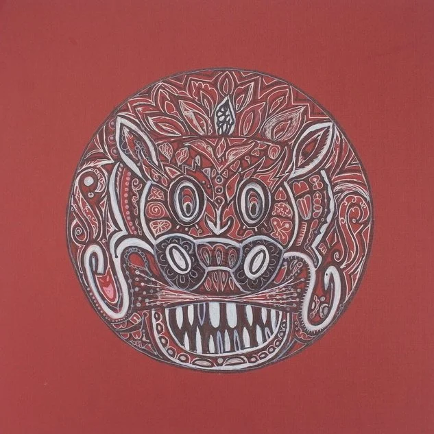 Intricate, stylized drawing of a fierce lion's face with detailed patterns in white and pink on a red background.