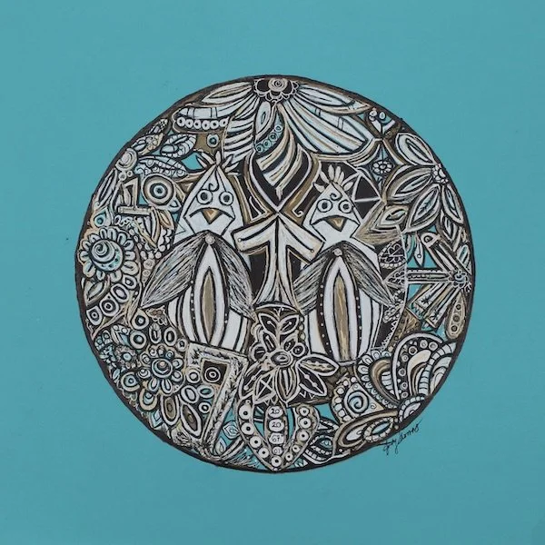 A circular artwork with intricate black and white patterns and designs on a turquoise background.