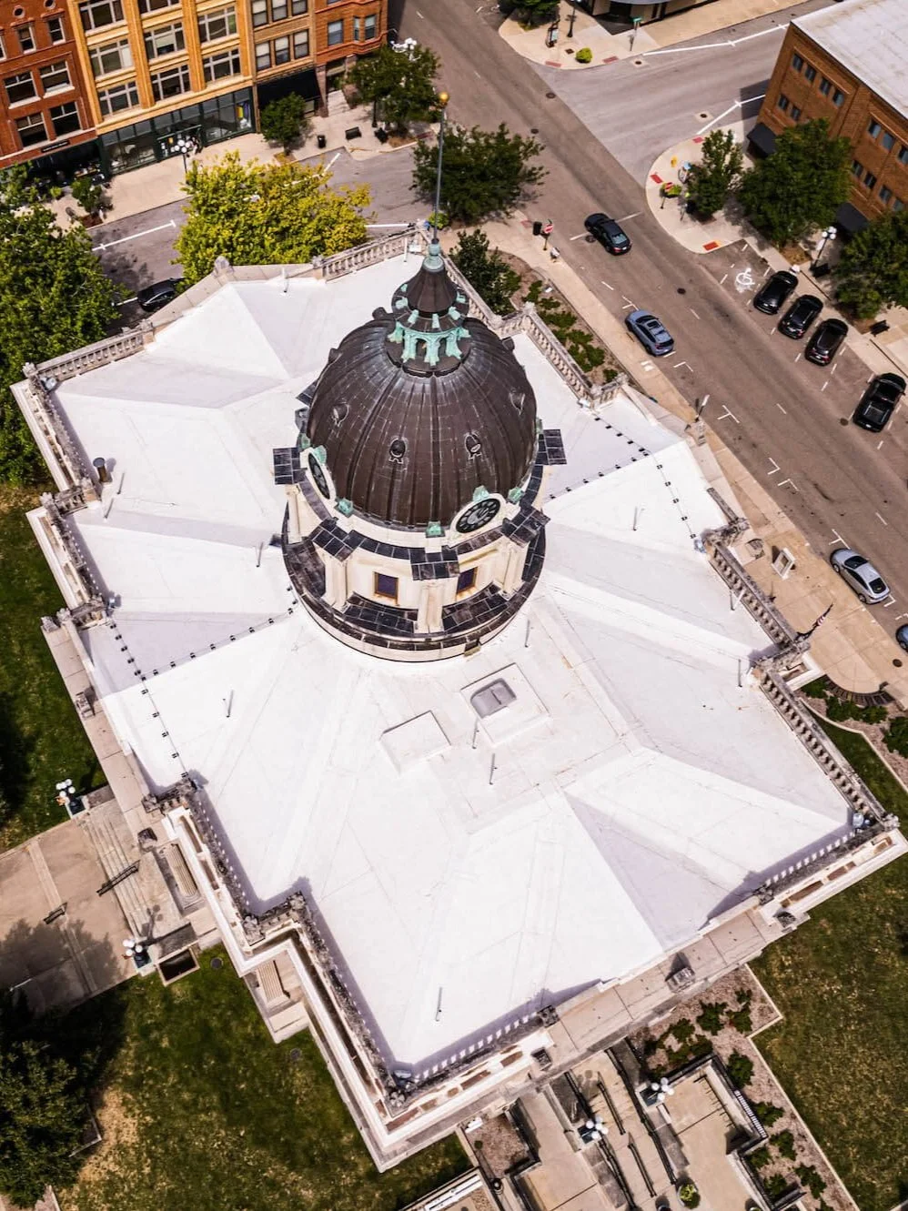 The roof of the McLean County Museum and Route 66 Visitors Center in downtown Bloomington, Illinois