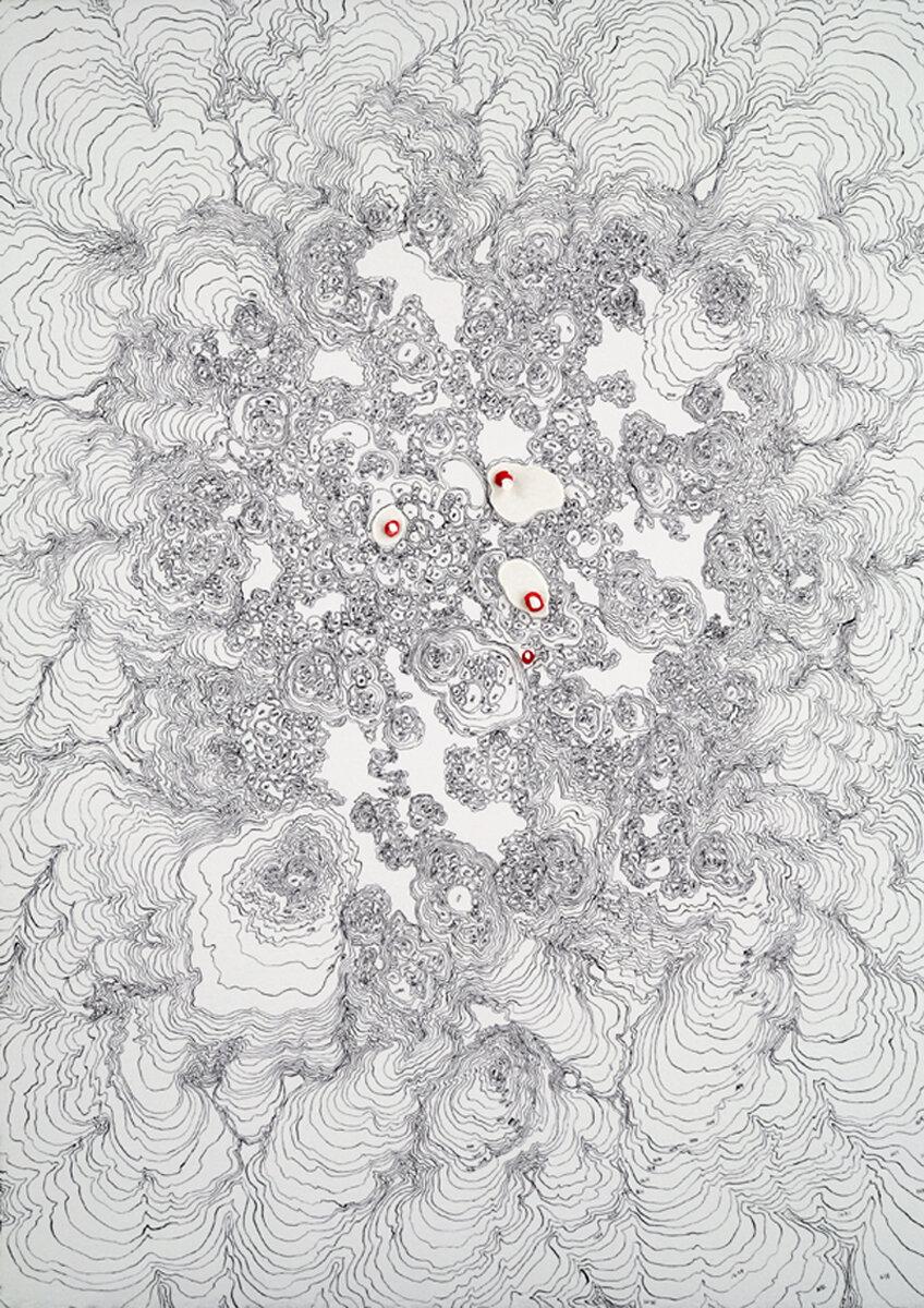 you don’t belong here (draw by numbers).
pen and ink on paper, paper cut outs, gouache.
each shape or space is numbered according to the order in which it was drawn.