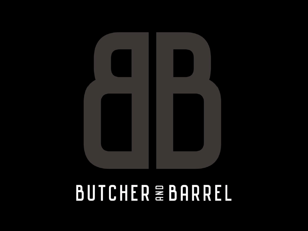 Logo with two black butcher knives forming the initials 'B B' and the text 'Butcher and Barrel' underneath.