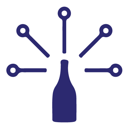 Illustration of a bottle with six lines ending in circles radiating outward