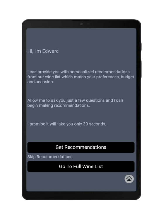 Écran de smartphone affichant une application de recommandation de vins avec un message d'accueil destiné à Edward, une présentation des fonctionnalités de l'application, ainsi que des boutons intitulés « Obtenir des recommandations » et « Accéder à la carte des vins complète ».
