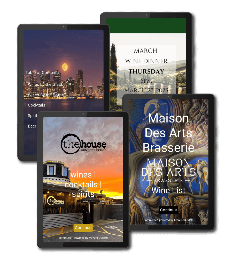 Plusieurs tablettes présentant des menus de vins et de brasserie, avec en arrière-plan des vues urbaines et des paysages.