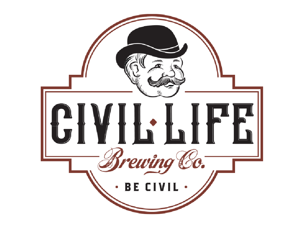 Logo for Civil Life Brewing Co. featuring a smiling man with a mustache and bowler hat, with the slogan "Be Civil" underneath.