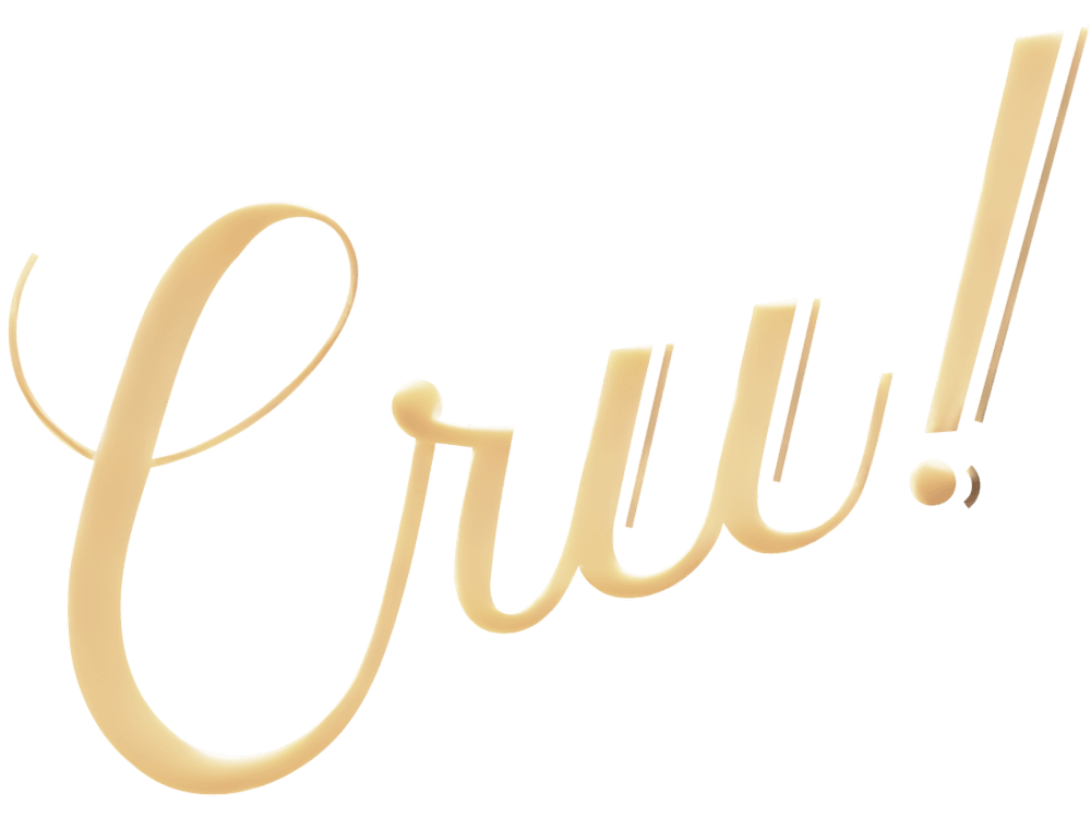 Shiny, gold-colored script text that says 'Cruu!'
