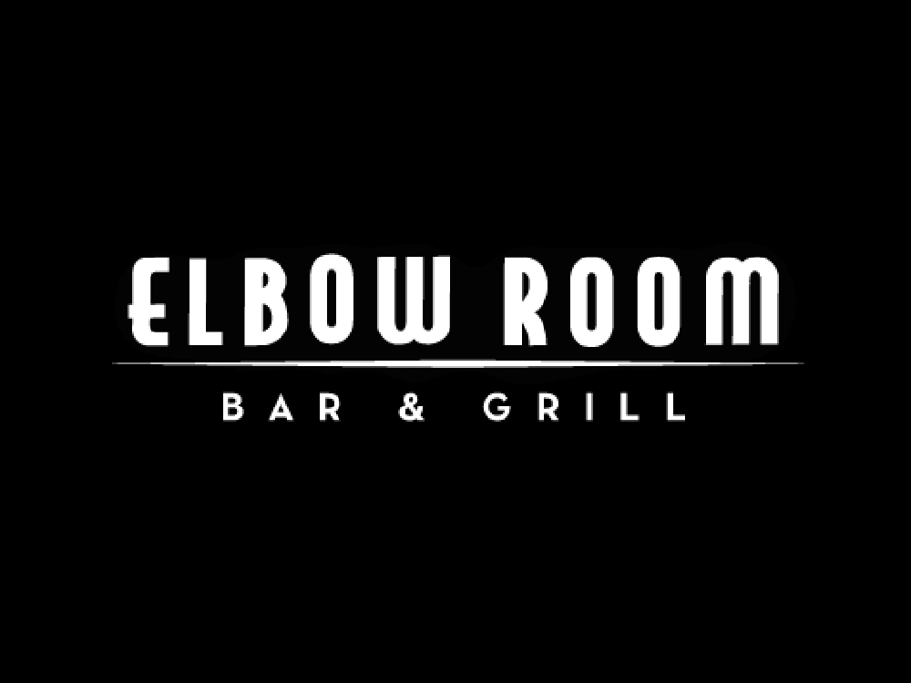 Logo for Elbow Room Bar & Grill on a black background with white text.
