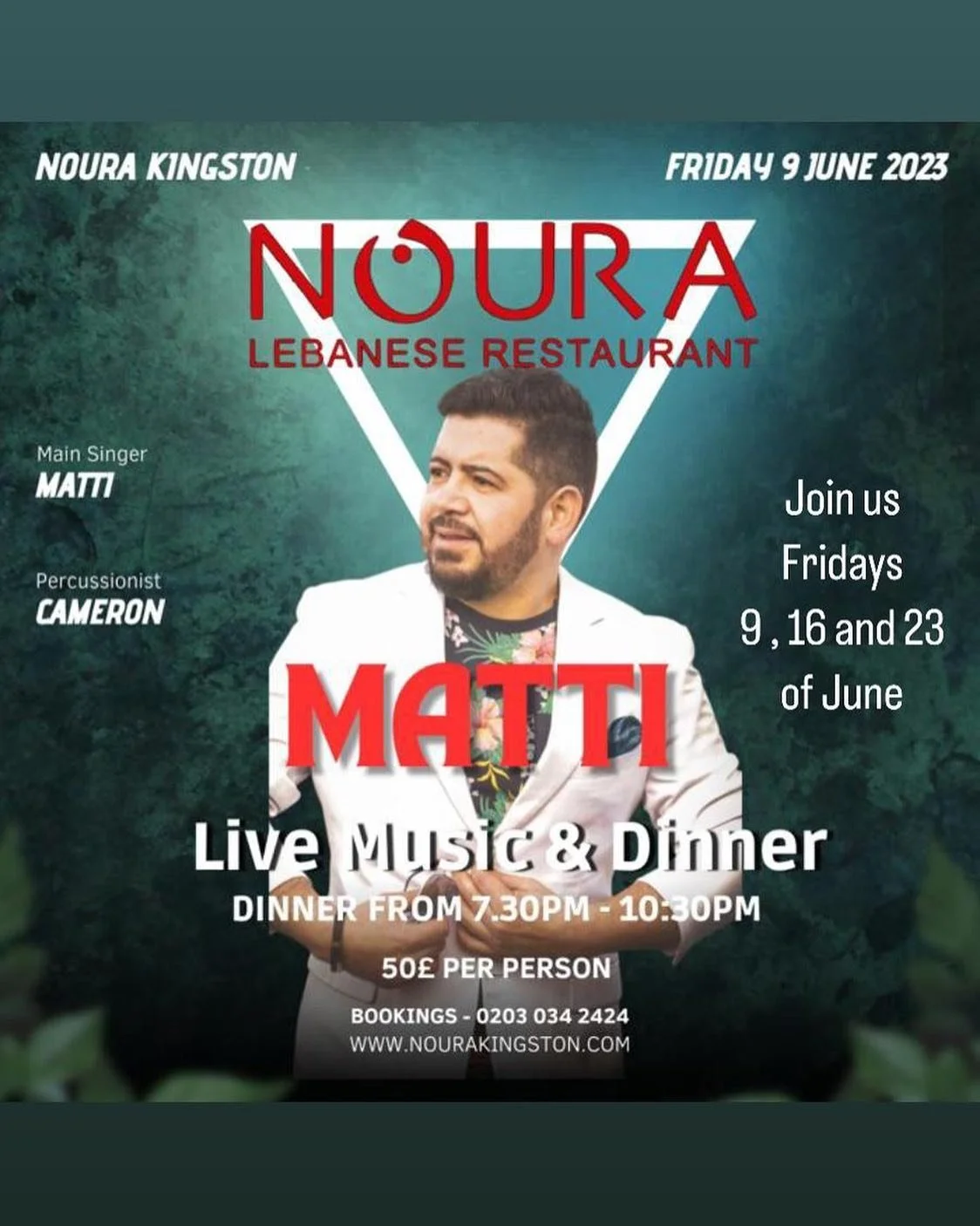 Join us on Friday 9th of June for an amazing Dinner &amp; Live music performance from Matti and Cameron. Bookings 02030342424 or www.nourakingston.com

*
*
*

#food #foodporn #wedding #instafood #foodie #London #birthday #delicious #livemusic #dinner