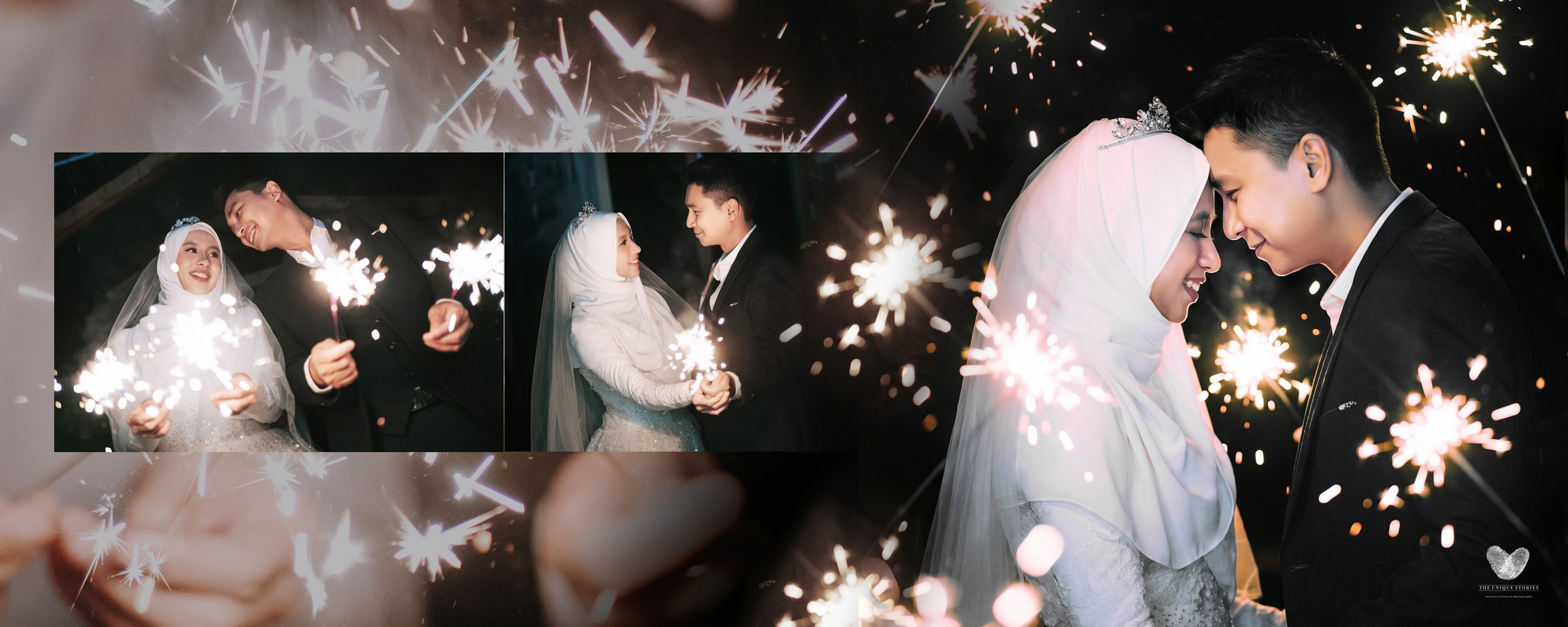 Bride in hijab and tiara holding sparklers with groom at night, pre-wedding photoshoot finale