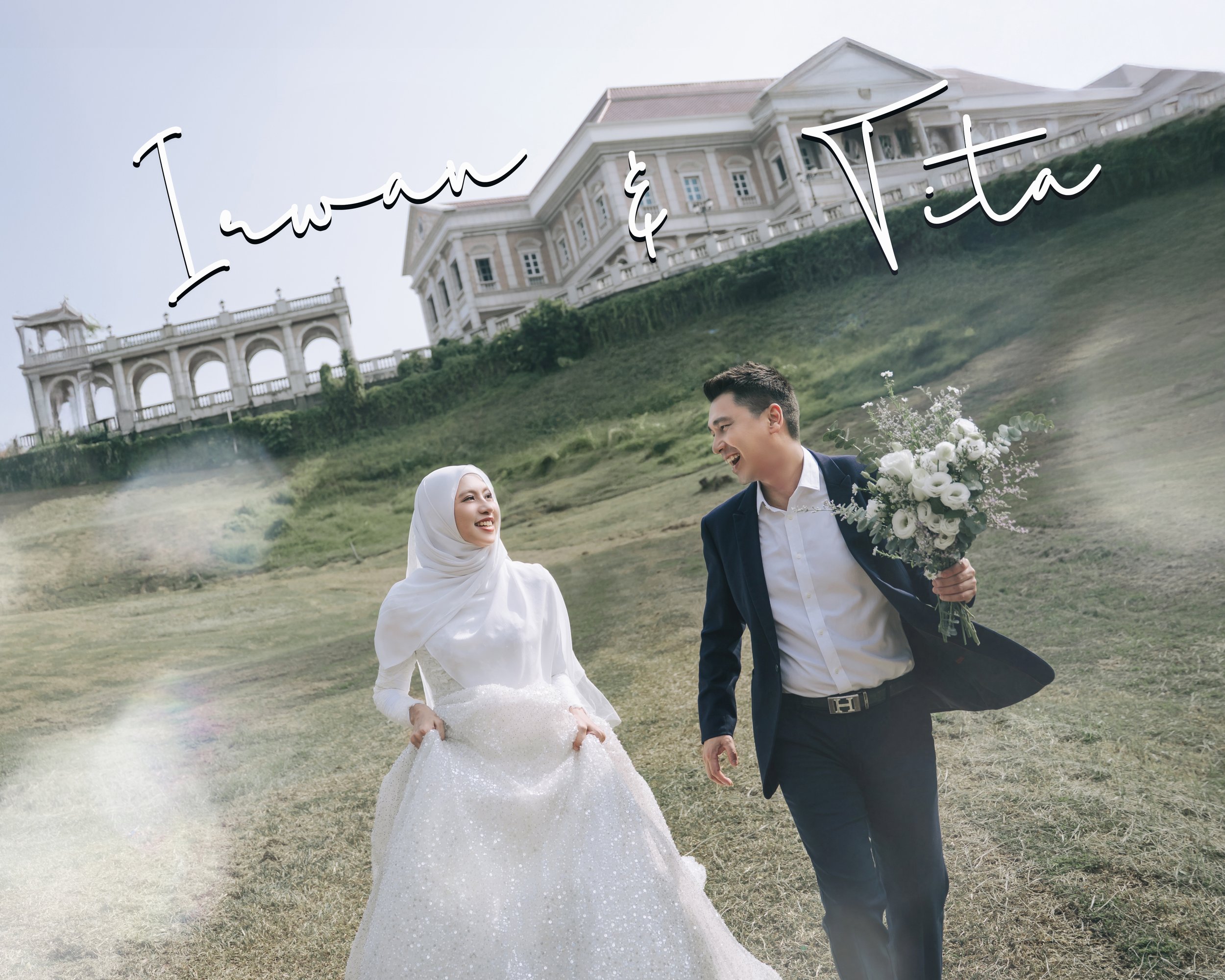 Malay Muslim couple pre-wedding photoshoot in modest hijab styling in front of a grand estate — The Unique Stories Storyboarding Shoot Concept