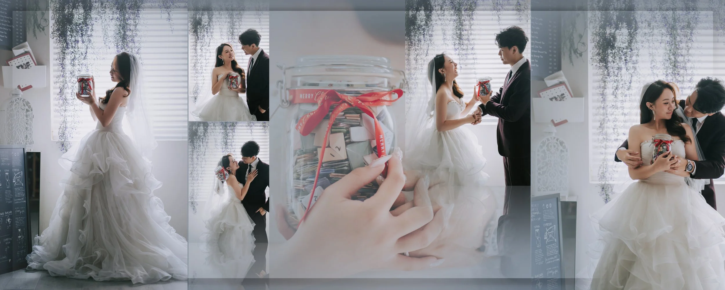 Bride in a Z Wedding tulle ball gown and veil holding a jar of folded notes beside her groom, in-studio pre-wedding shoot in Singapore
