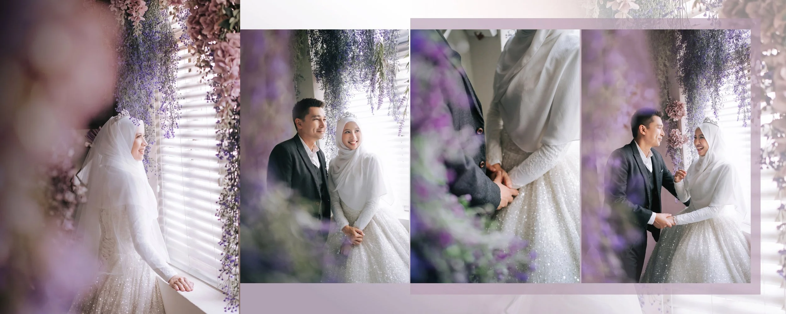 Indoor studio pre-wedding portrait with hijab bride against a soft lavender floral backdrop