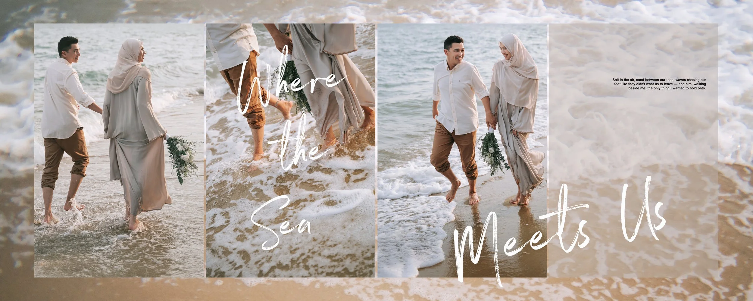 Muslim couple walking barefoot on the beach during pre-wedding photoshoot in hijab and modest styling