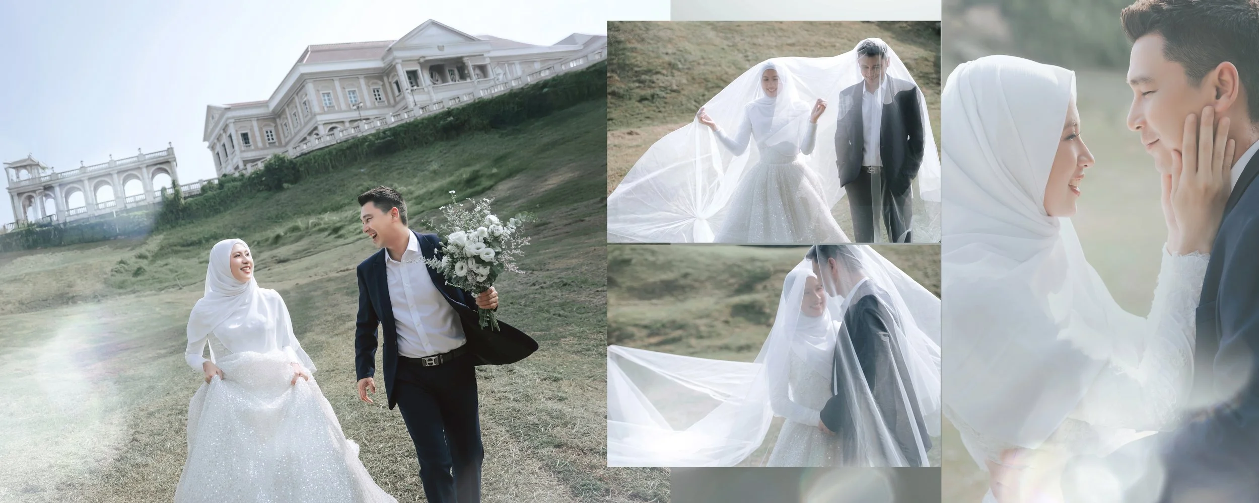 Bride in hijab and flowing veil with groom in front of a grand estate, outdoor pre-wedding portrait