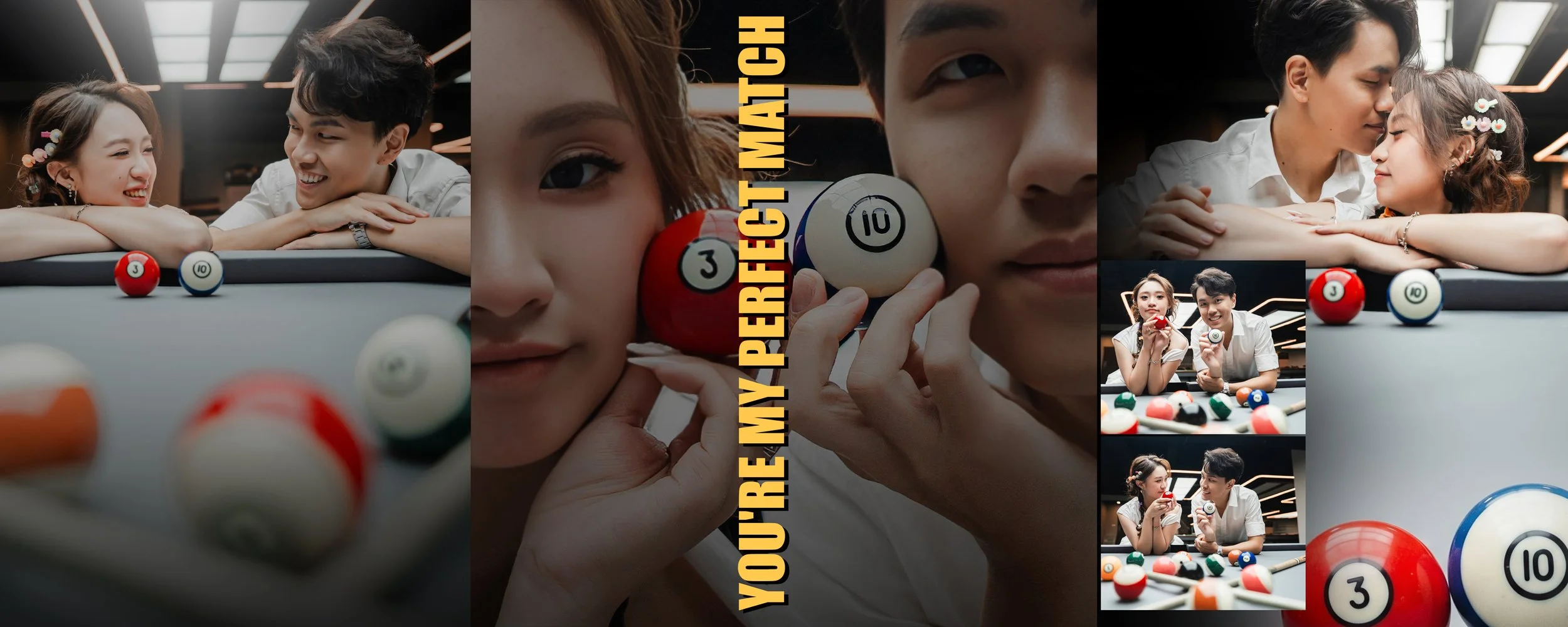 Couple holding pool balls to their cheeks in a playful close-up, pool hall pre-wedding photography Singapore