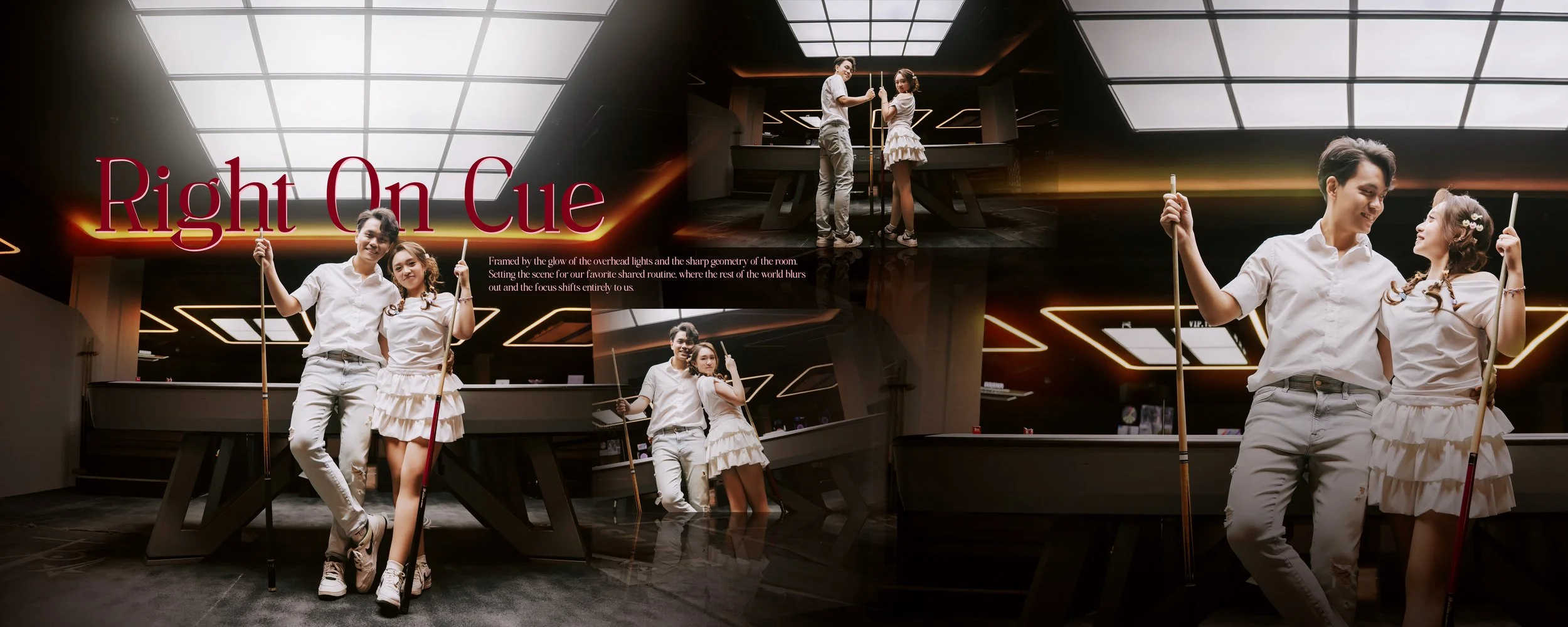 Couple in white outfits holding pool cues under glowing lights in a pool hall, Singapore pre-wedding shoot