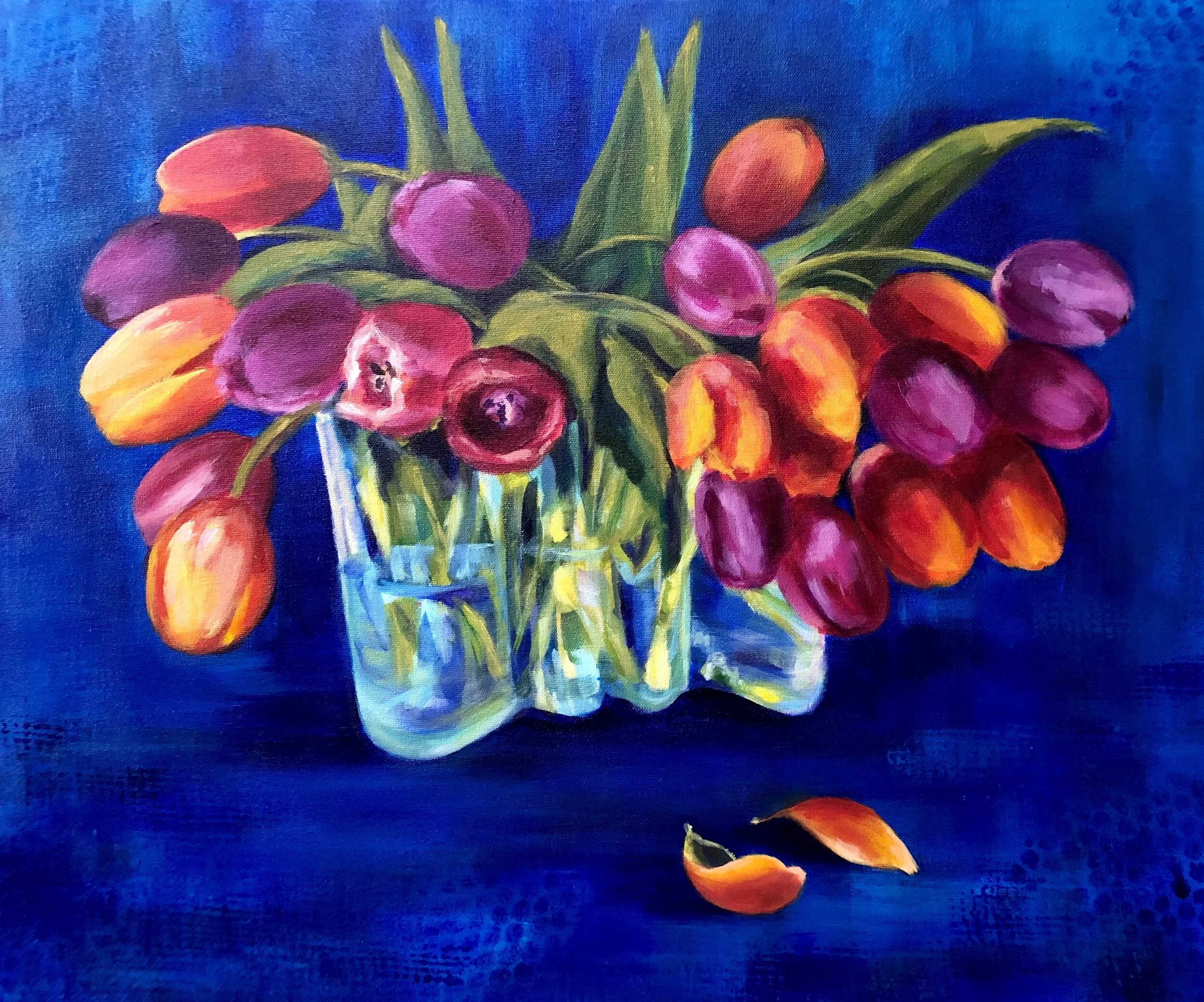 Tulips in Aalto Vase with Blue - 20x24