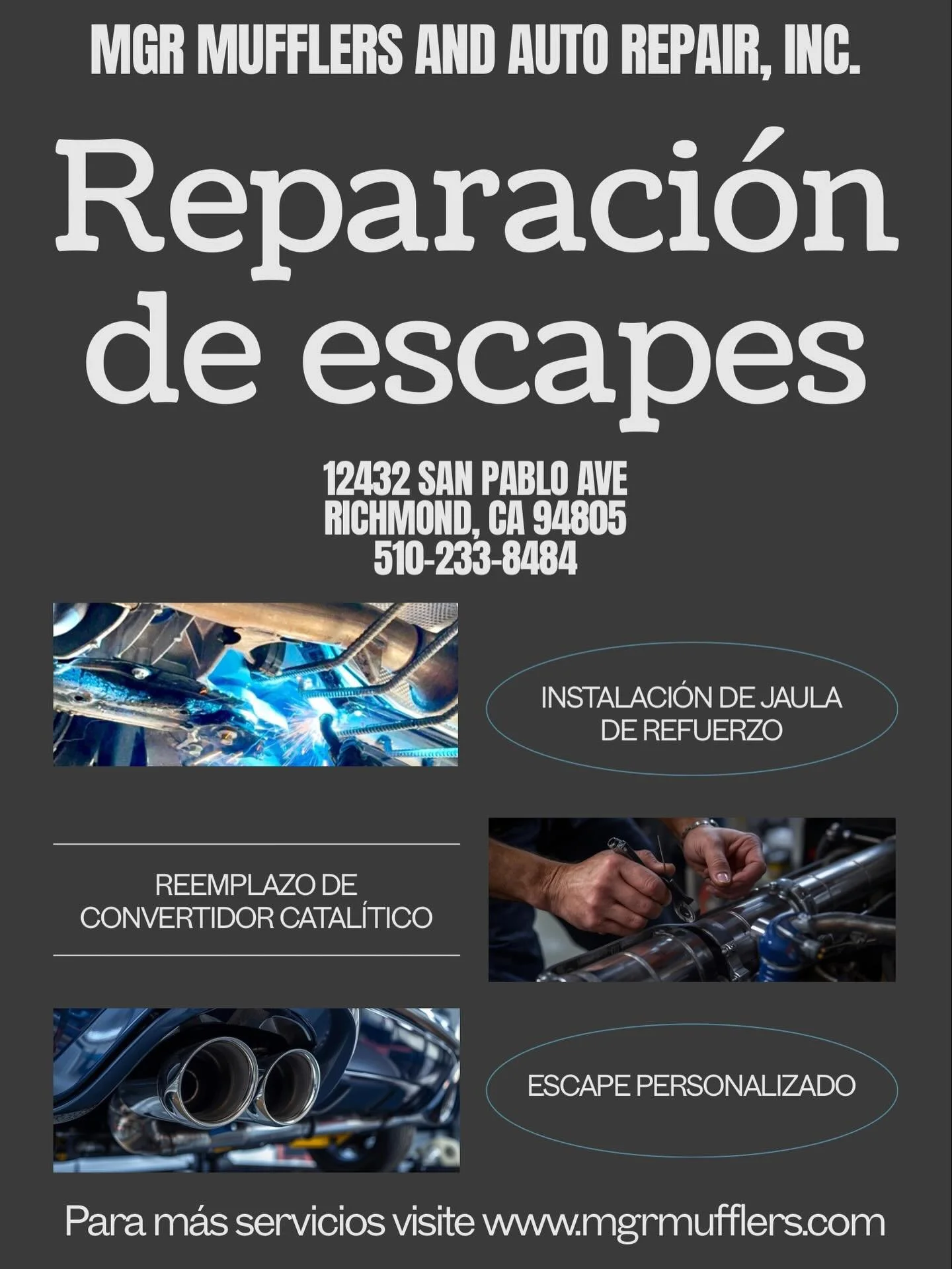 &iquest;Se enciende la luz del motor? &iquest;Tienes una fuga en el escape? &iquest;No sabes a qui&eacute;n acudir para obtener orientaci&oacute;n sobre problemas mec&aacute;nicos de tu auto?  Quieres un escape personalizado?  Visita MGR Mufflers, do