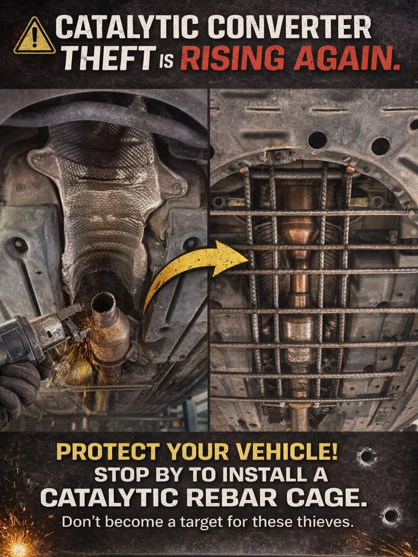 ‼️ATTENTION‼️ Catalytic converter theft is rising again. Protect your vehicle&mdash;stop by our shop soon to have a catalytic rebar cage installed. If you&rsquo;ve been a victim of theft, contact us to learn how we can help. Don&rsquo;t become a targ
