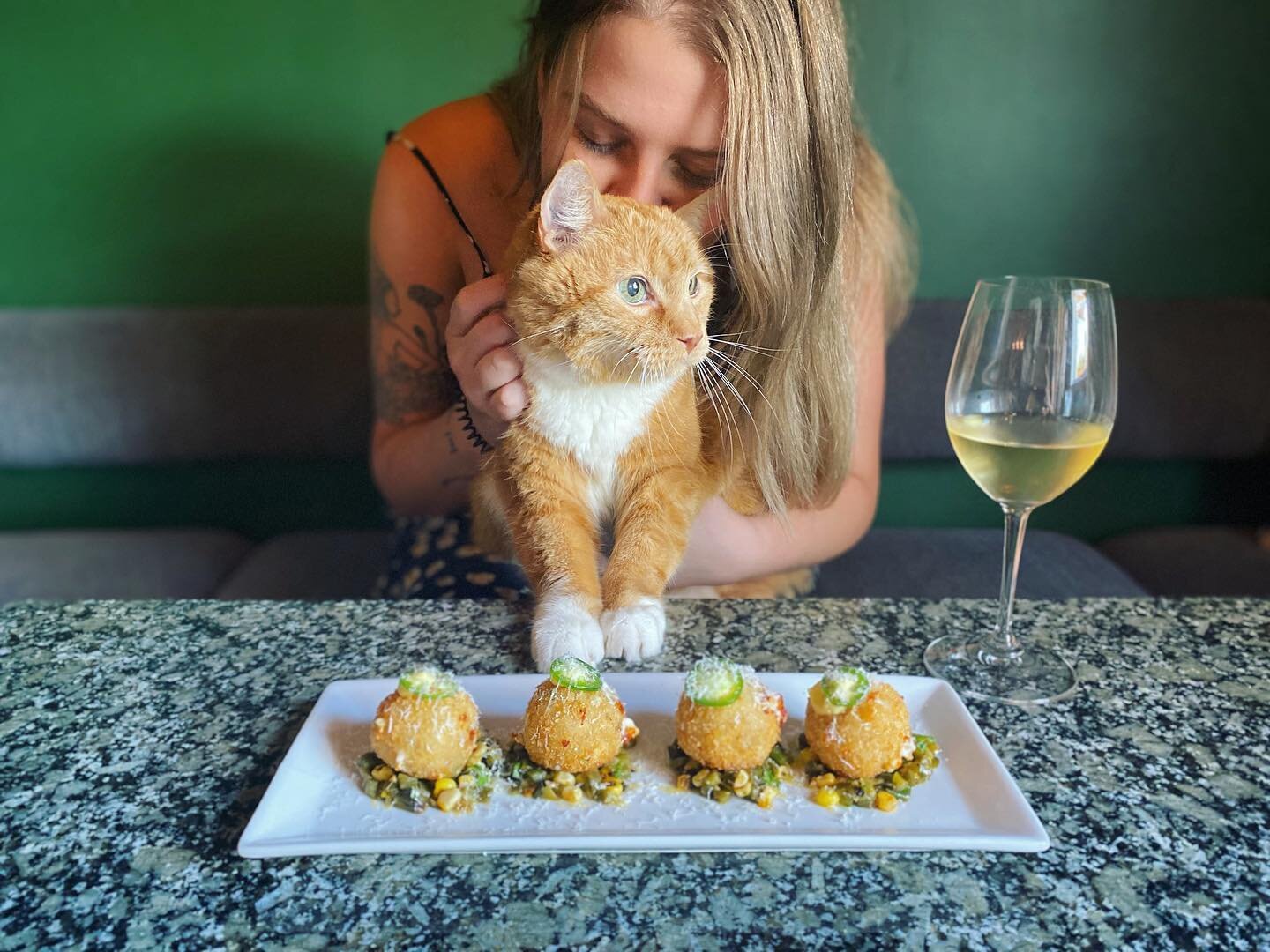 yes, we are cat friendly! &amp; small dog friendly! 💞🦁💫 **edit: ALWAYS welcome on the patio, and on a case by case basis inside (just call first to give us a heads up!) 😽~~ dish pictured is sweet corn arancini with charred jalapeño salsa 🌽🌱