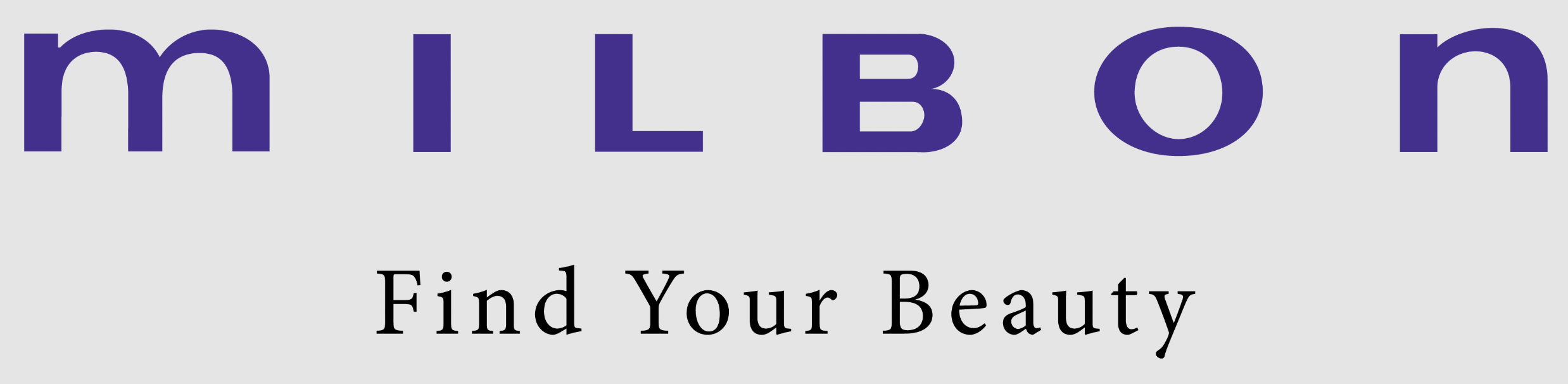 Text reading "Milbon" in large blue letters, with the tagline "Find Your Beauty" in smaller black letters below, on a light gray background.