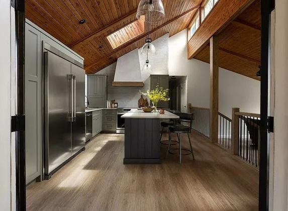 At Project Forest Abode, we initially considered refinishing the wood ceiling, but the final photos show that all it really needed was a more complimentary colour scheme to let it shine. 
Swipe for before photo &mdash;&gt;

Cabinets @woodlandhorizon 