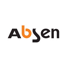 Logo for Absen with the company's name in black and orange text.