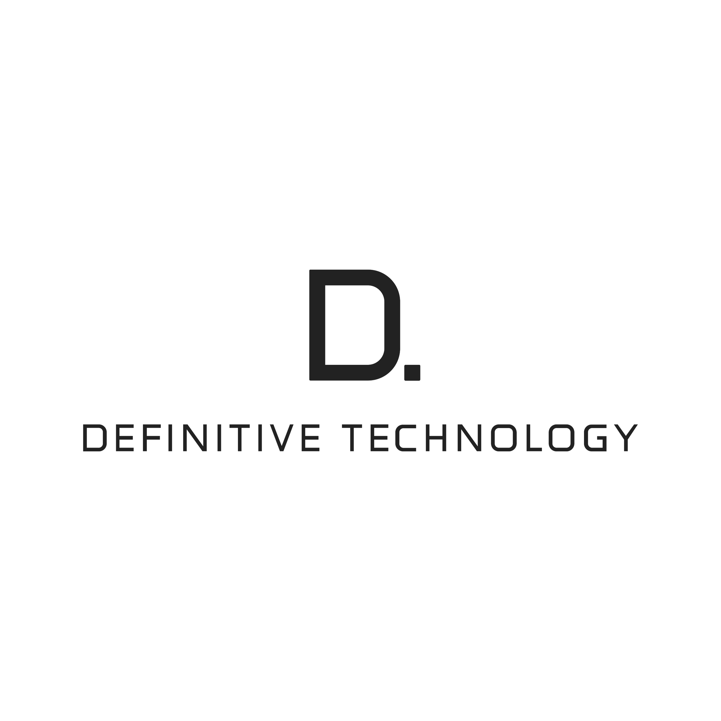Black background with a large letter 'D' and the words 'DEFINITIVE TECHNOLOGY' beneath it, forming a logo for a technology brand.