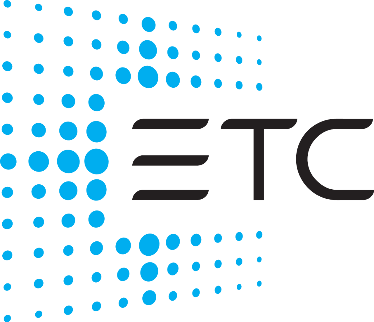 ETC logo with a stylized arrow composed of blue dots on a black background.