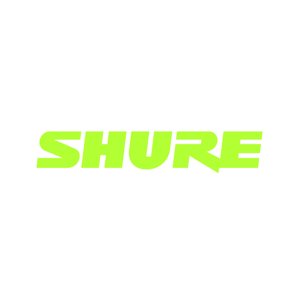 Shure logo with neon green text on black background.