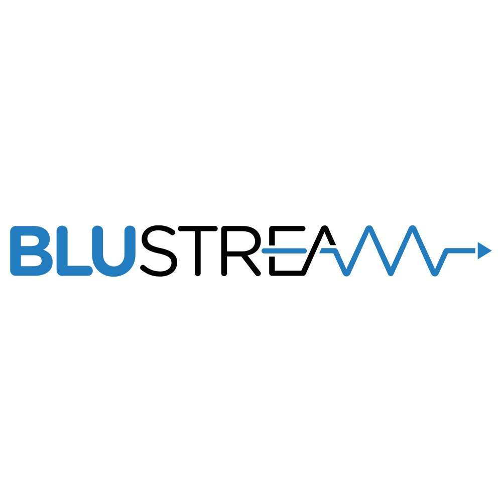 Logotype of 'BLUSTREAM' with the word 'BLUE' in blue, 'STREAM' in black, and a wave line ending in an arrow extending from the letter 'A' in blue.