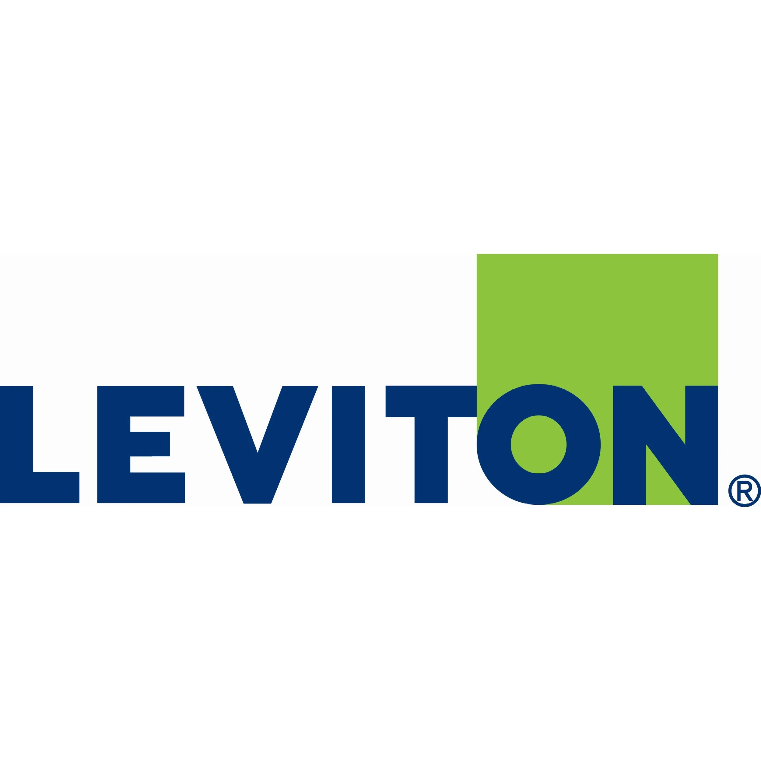Leviton logo with blue text and a green square background behind the letter O.