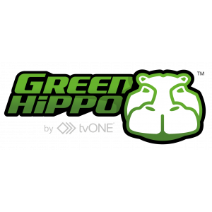 Logo with the text 'Green Hippo' in green, and a stylized green hippopotamus face outline, with smaller text 'by' and a diamond shape logo below.