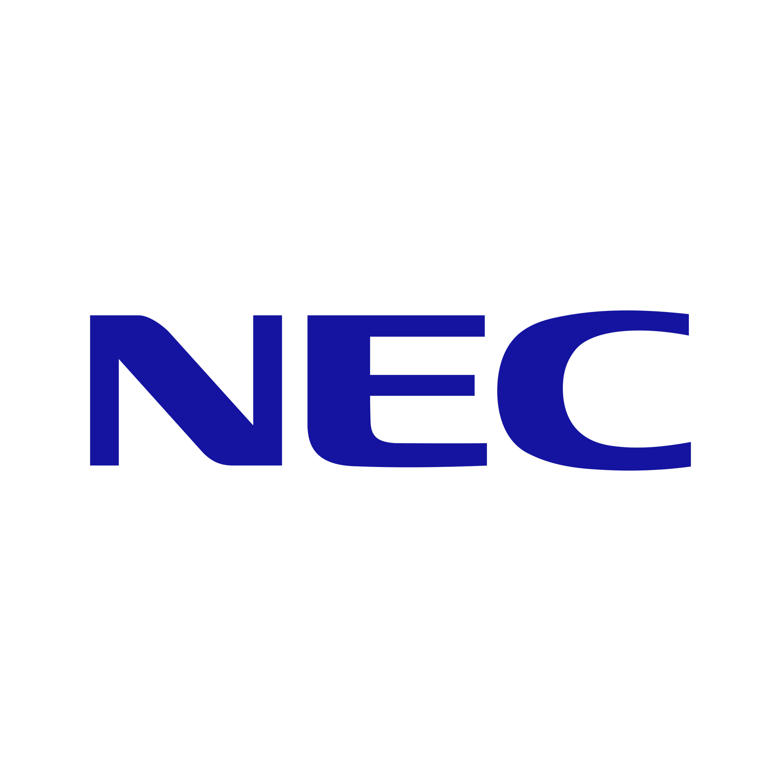 NEC logo in black and blue text on black background.