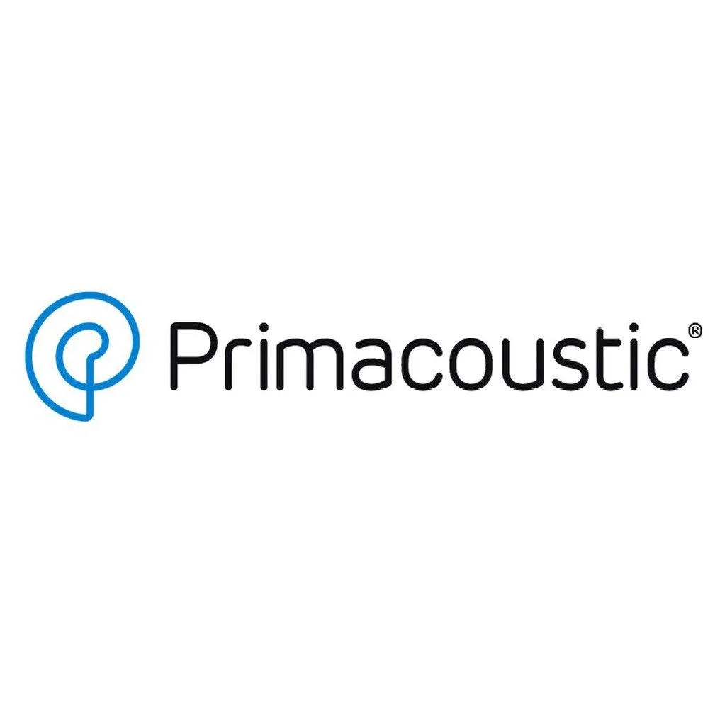 Primacoustic logo with a blue circular icon and black text on a white background.