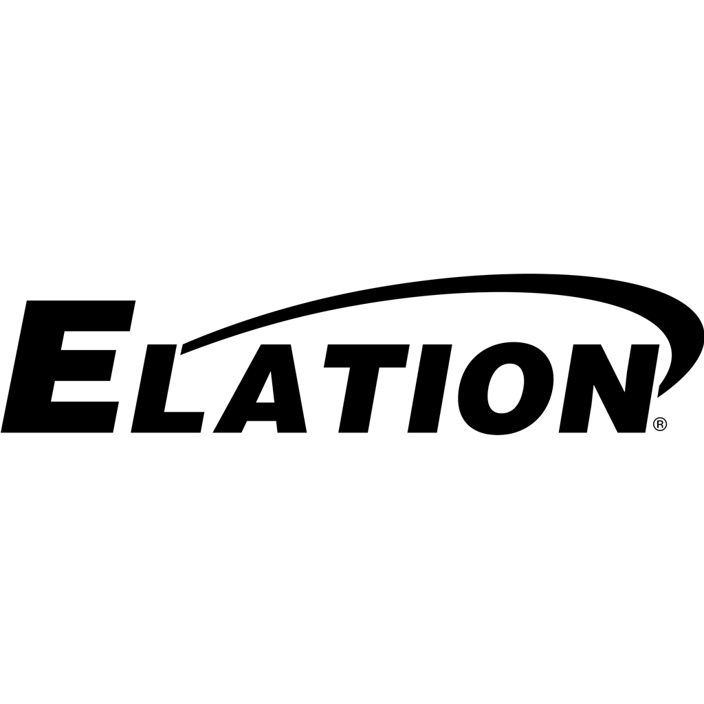 Black and white logo with the word "ELATION" in bold letters with an curved line overhead.
