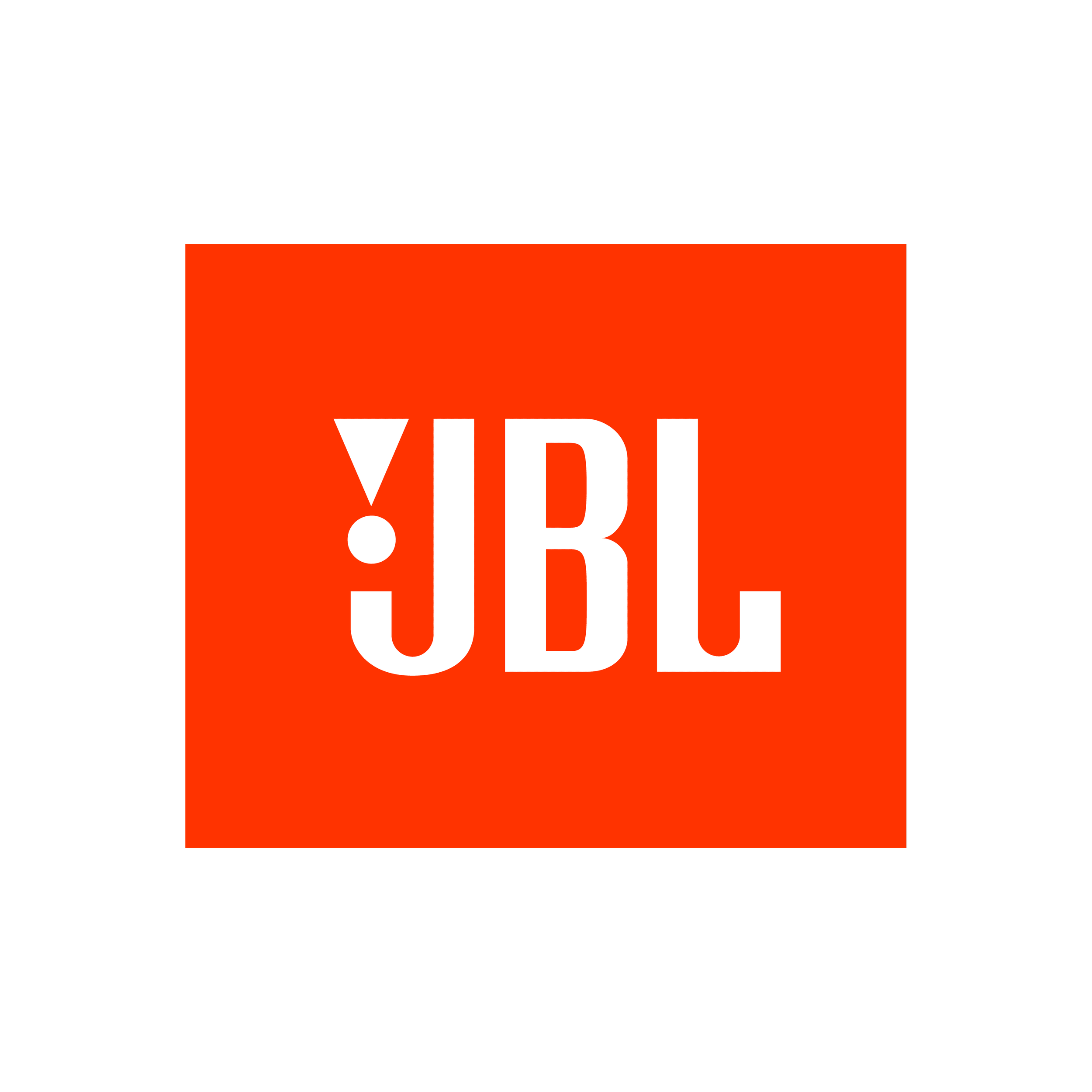 JBL logo with a red square background and white text, and voluminous arrows pointing downward.