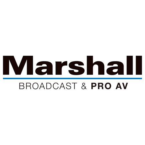 Marshall Broadcast & Pro AV logo with black text, a blue line, and white background.