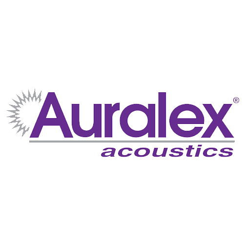 Auralex Acoustics logo with a purple and black color scheme, featuring a starburst design to the left of the company name.