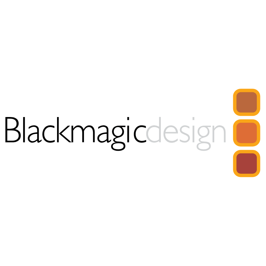 Blackmagic Design logo with black, orange, and red squares stacked vertically on the right side.