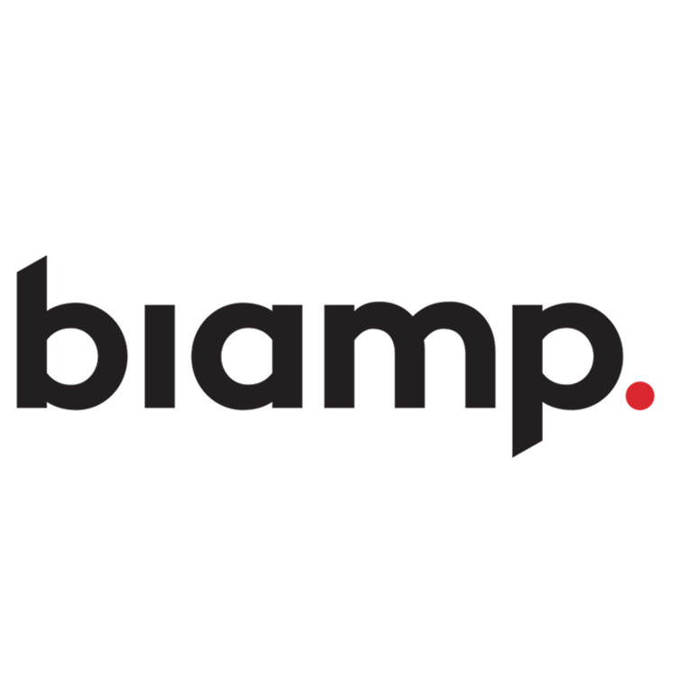 The logo of Biamp, featuring the company name in black lowercase letters with a small red dot at the end.