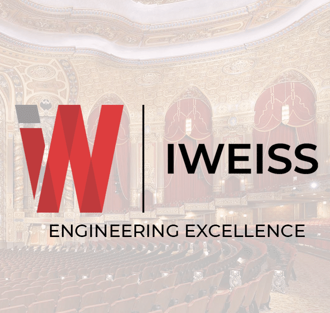 Logo of IWEISS with the tagline Engineering Excellence, set against a theater or auditorium background.