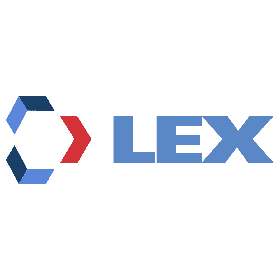 Logo with geometric hexagon shape in shades of blue and red, followed by the text 'LEX' in blue