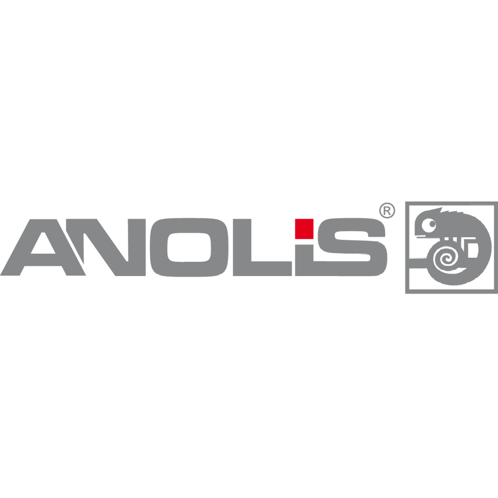 Logo of ANOLIS, featuring the name in gray letters with a red accent on the 'I', and a graphic of a chameleon inside a square.